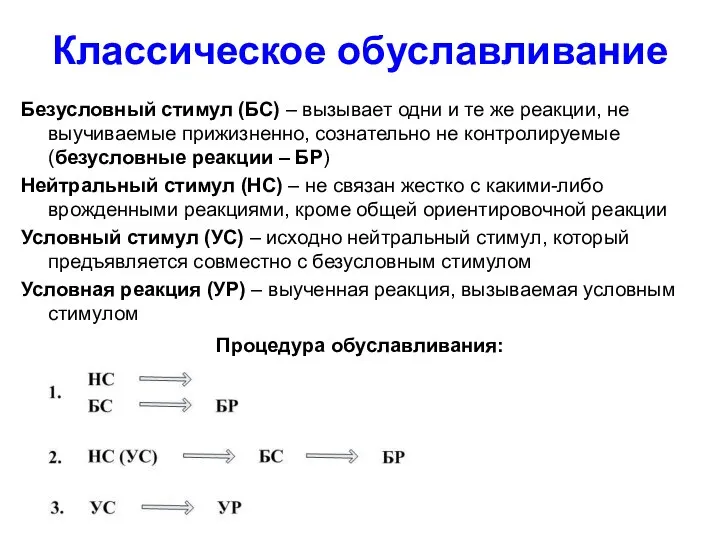 Классическое обуславливание Безусловный стимул (БС) – вызывает одни и те же реакции,