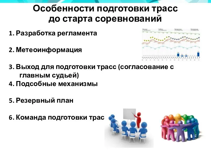 Особенности подготовки трасс до старта соревнований 1. Разработка регламента 2. Метеоинформация 3.