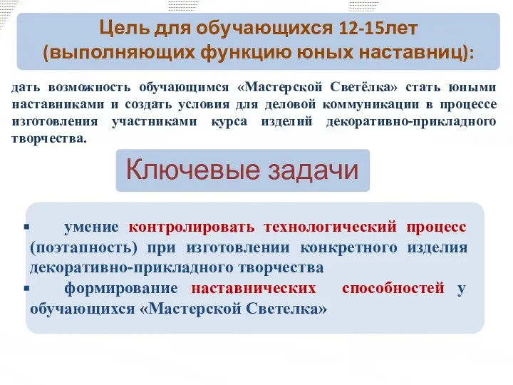 дать возможность обучающимся «Мастерской Светёлка» стать юными наставниками и создать условия для