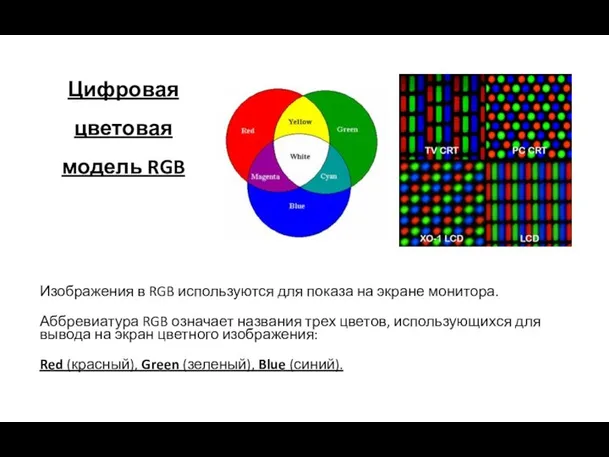 Изображения в RGB используются для показа на экране монитора. Аббревиатура RGB означает