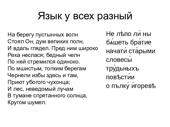 Язык у всех разный Не лѣпо ли́ ны бѧ́шеть бра́тие начати́ ста́рыми