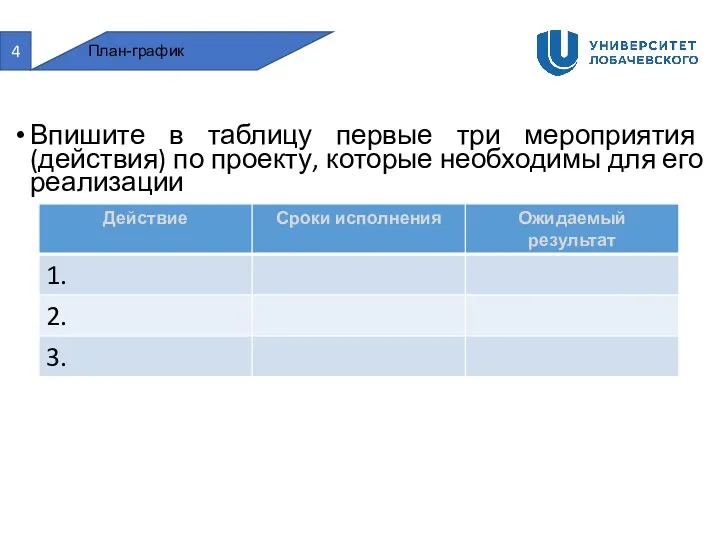 4 План-график Впишите в таблицу первые три мероприятия (действия) по проекту, которые необходимы для его реализации