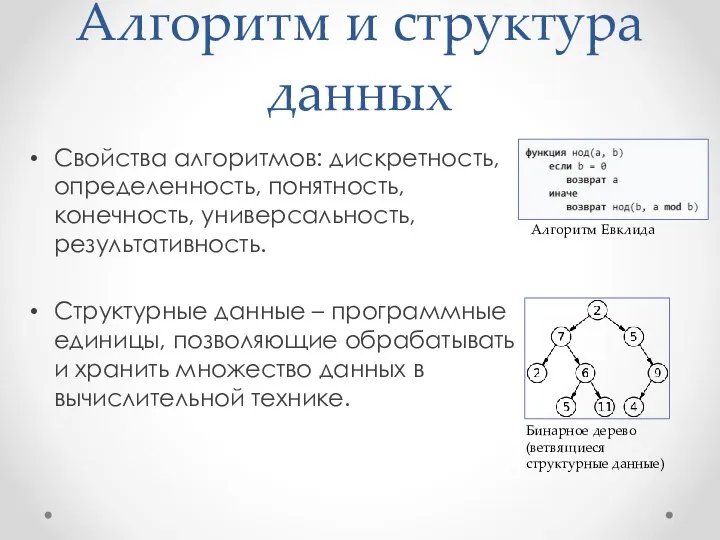 Алгоритм и структура данных Свойства алгоритмов: дискретность, определенность, понятность, конечность, универсальность, результативность.