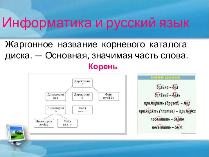 Информатика и русский язык Жаргонное название корневого каталога диска. — Основная, значимая часть слова. Корень