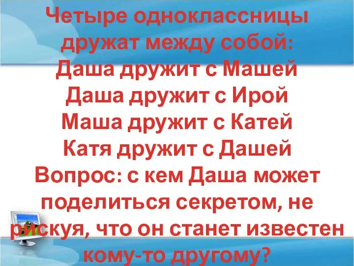 Четыре одноклассницы дружат между собой: Даша дружит с Машей Даша дружит с