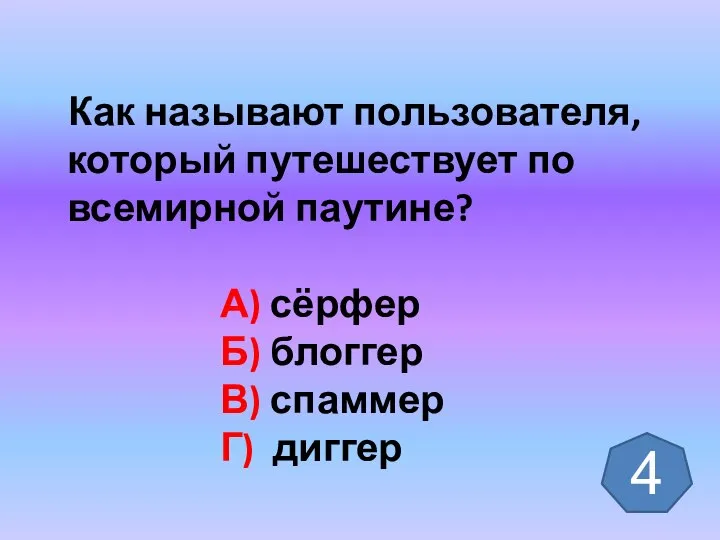 Как называют пользователя, который путешествует по всемирной паутине? А) сёрфер Б) блоггер