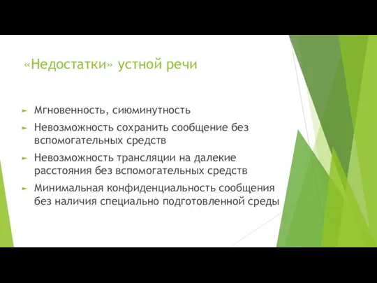 «Недостатки» устной речи Мгновенность, сиюминутность Невозможность сохранить сообщение без вспомогательных средств Невозможность