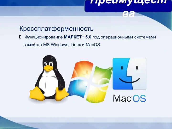 Кроссплатформенность Функционирование МАРКЕТ+ 5.0 под операционными системами семейств MS Windows, Linux и MacOS Преимущества