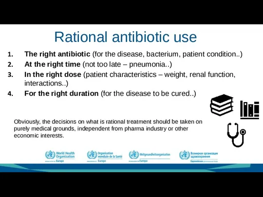 Rational antibiotic use The right antibiotic (for the disease, bacterium, patient condition..)
