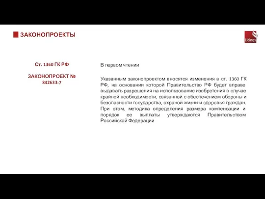 В первом чтении Указанным законопроектом вносятся изменения в ст. 1360 ГК РФ,