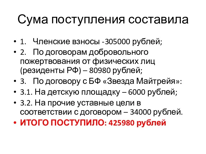 Сума поступления составила 1. Членские взносы -305000 рублей; 2. По договорам добровольного