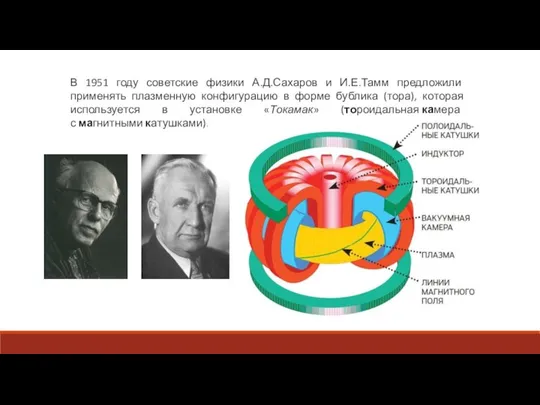 В 1951 году советские физики А.Д.Сахаров и И.Е.Тамм предложили применять плазменную конфигурацию