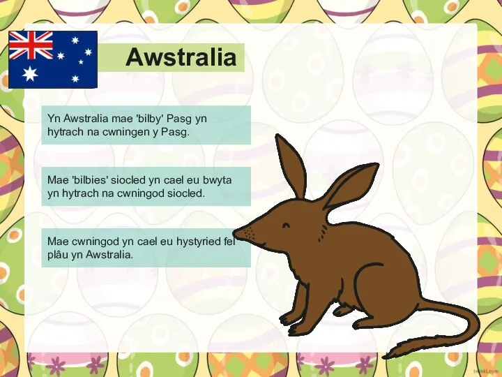 Awstralia Yn Awstralia mae 'bilby' Pasg yn hytrach na cwningen y Pasg.