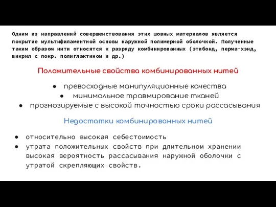 Одним из направлений совершенствования этих шовных материалов является покрытие мультифиламентной основы наружной