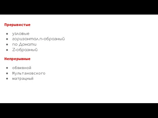 Прерывистые узловые горизонтал.п-образный по Донати Z-образный Непрерывные обвивной Мультановского матрацный