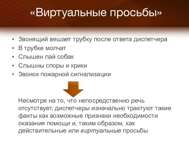 «Виртуальные просьбы» Звонящий вешает трубку после ответа диспетчера В трубке молчат Слышен