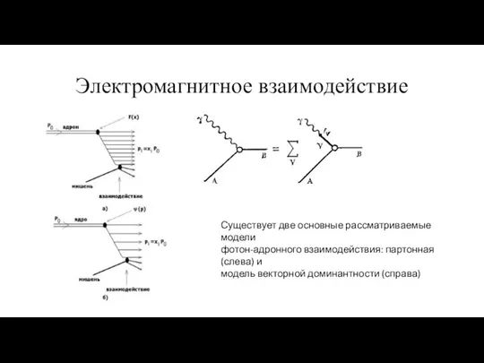 Электромагнитное взаимодействие Существует две основные рассматриваемые модели фотон-адронного взаимодействия: партонная (слева) и модель векторной доминантности (справа)