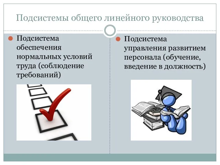 Подсистемы общего линейного руководства Подсистема обеспечения нормальных условий труда (соблюдение требований) Подсистема