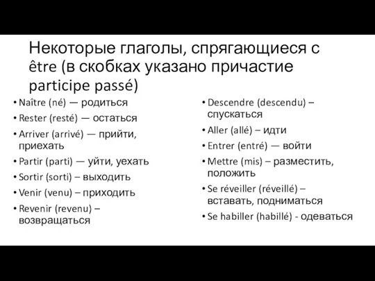 Некоторые глаголы, спрягающиеся с être (в скобках указано причастие participe passé) Naître