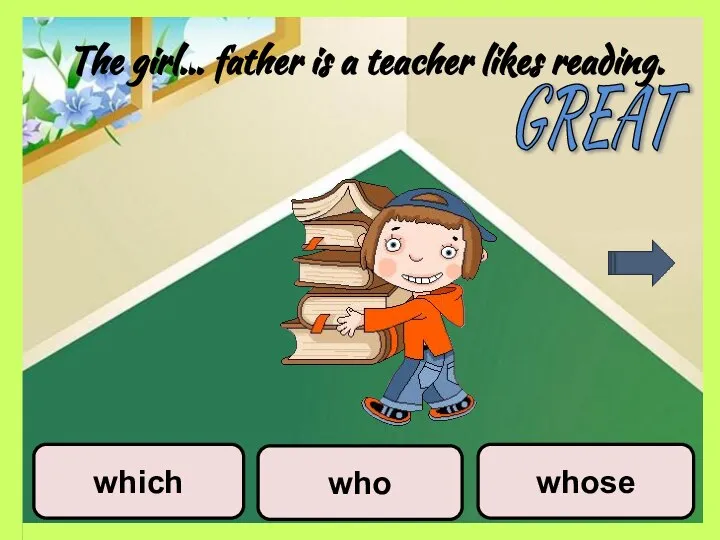 The girl… father is a teacher likes reading. who whose which GREAT