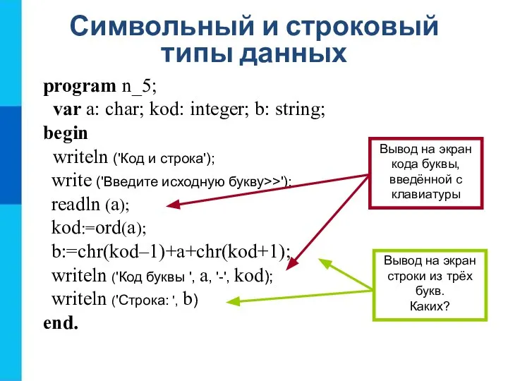 Символьный и строковый типы данных program n_5; var a: char; kod: integer;