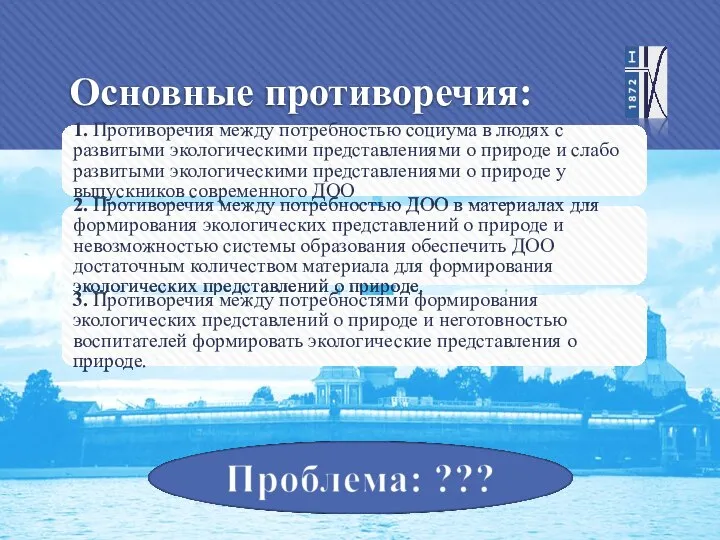 Основные противоречия: 1. Противоречия между потребностью социума в людях с развитыми экологическими