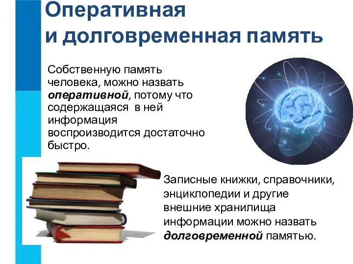 Оперативная и долговременная память Собственную память человека, можно назвать оперативной, потому что