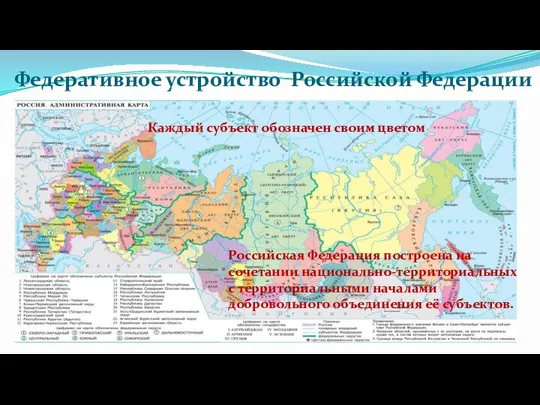 Федеративное устройство Российской Федерации Каждый субъект обозначен своим цветом Российская Федерация построена