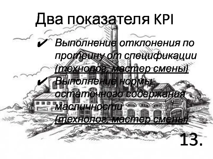 Два показателя KPI 13. Выполнение отклонения по протеину от спецификации (технолог, мастер