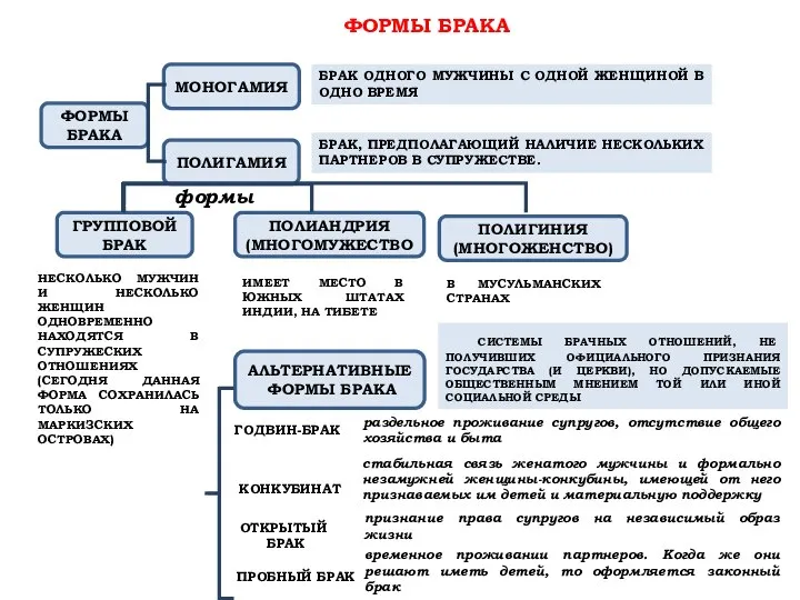 ФОРМЫ БРАКА ФОРМЫ БРАКА МОНОГАМИЯ БРАК ОДНОГО МУЖЧИНЫ С ОДНОЙ ЖЕНЩИНОЙ В