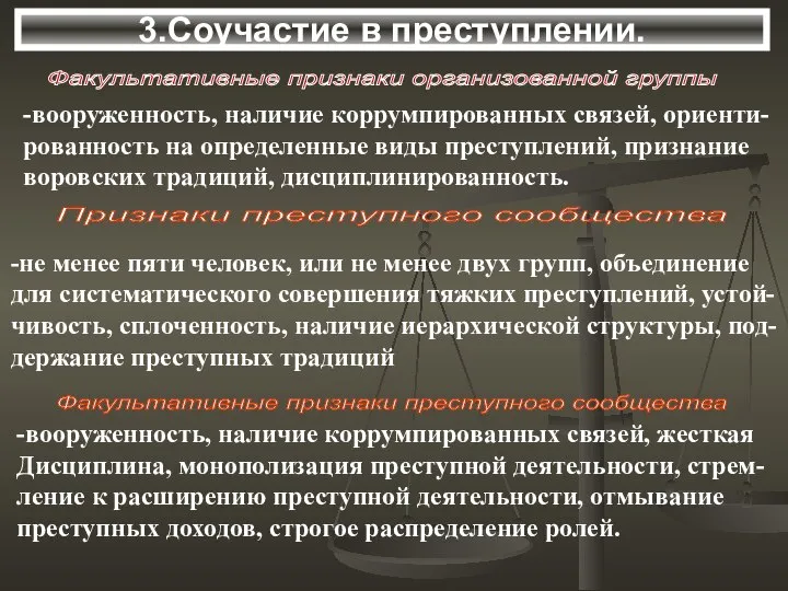 3.Соучастие в преступлении. Факультативные признаки организованной группы -вооруженность, наличие коррумпированных связей, ориенти-