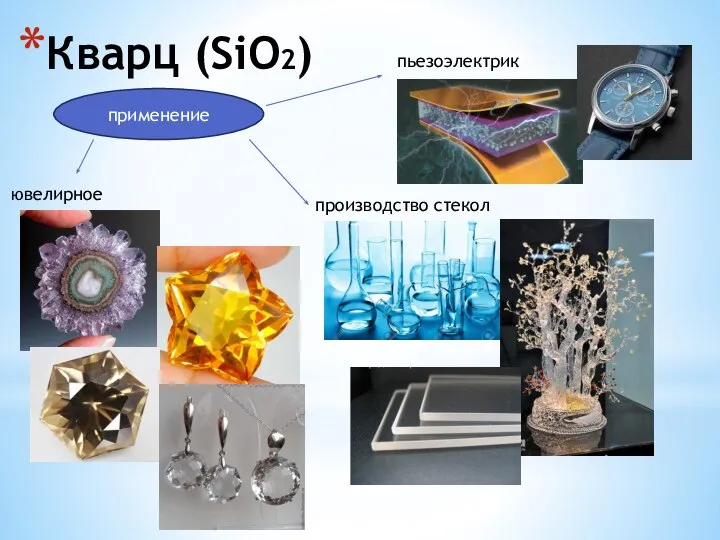 Кварц (SiO2) применение ювелирное производство стекол пьезоэлектрик