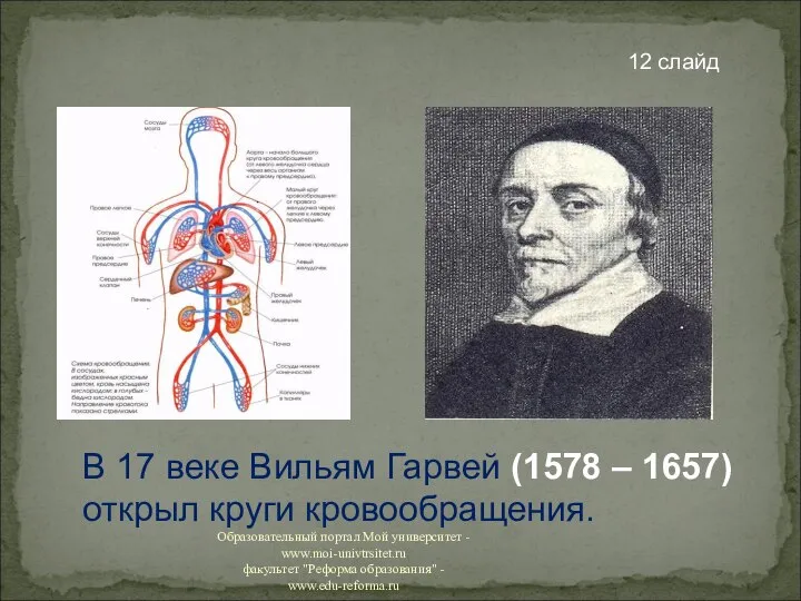 В 17 веке Вильям Гарвей (1578 – 1657) открыл круги кровообращения. 12