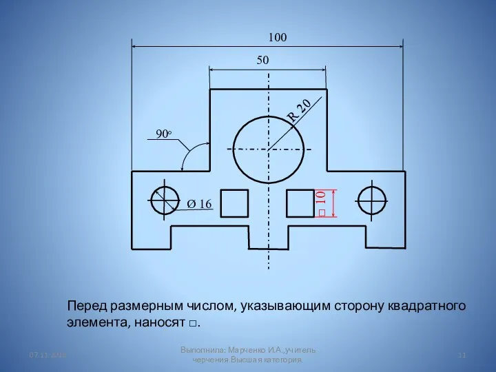 Перед размерным числом, указывающим сторону квадратного элемента, наносят □. 50 100 Ø