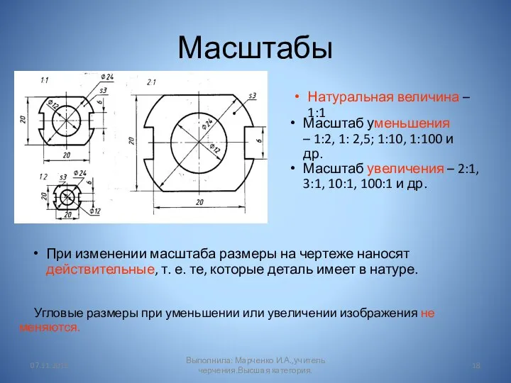 Масштабы При изменении масштаба размеры на чертеже наносят действительные, т. е. те,