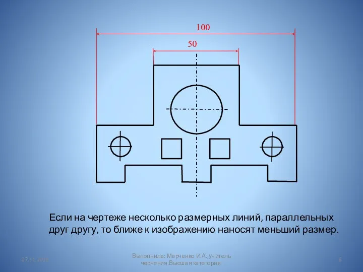 Если на чертеже несколько размерных линий, параллельных друг другу, то ближе к