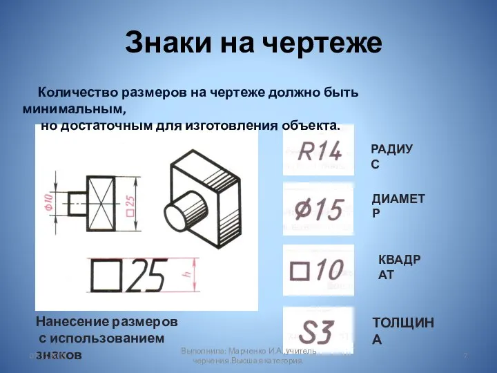 Знаки на чертеже Количество размеров на чертеже должно быть минимальным, но достаточным