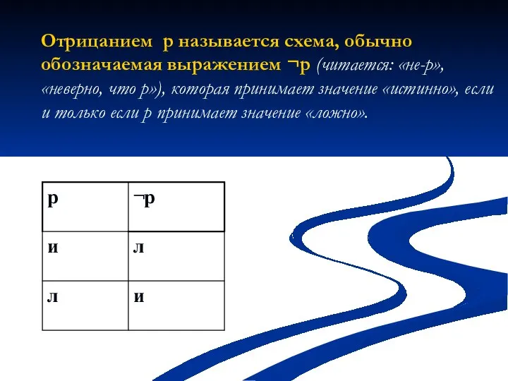 Отрицанием p называется схема, обычно обозначаемая выражением ¬p (читается: «не-p», «неверно, что