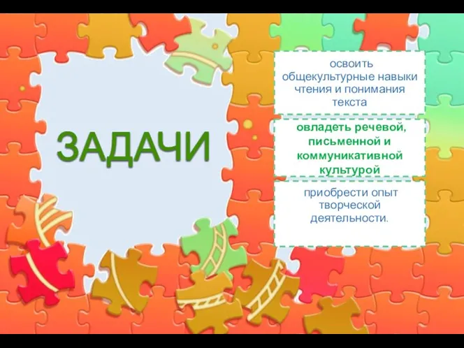 ЗАДАЧИ освоить общекультурные навыки чтения и понимания текста овладеть речевой, письменной и