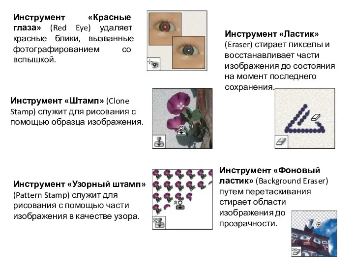 Инструмент «Красные глаза» (Red Eye) удаляет красные блики, вызванные фотографированием со вспышкой.