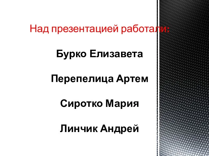 Над презентацией работали: Бурко Елизавета Перепелица Артем Сиротко Мария Линчик Андрей