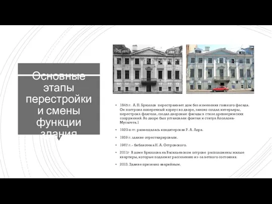 Основные этапы перестройки и смены функции здания 1845 г. А. П. Брюллов