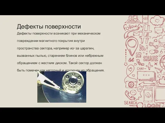 Дефекты поверхности возникают при механическом повреждении магнитного покрытия внутри пространства сектора, например