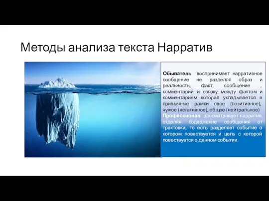 Методы анализа текста Нарратив Обыватель воспринимает нарративное сообщение не разделяя образ и