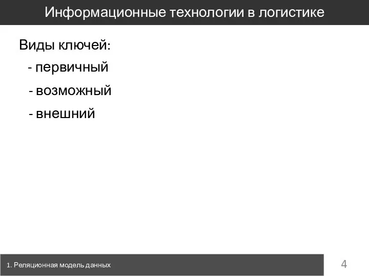 1. Реляционная модель данных Информационные технологии в логистике Виды ключей: - первичный - возможный - внешний