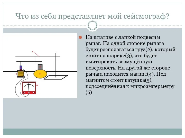 Что из себя представляет мой сейсмограф? На штативе с лапкой подвесим рычаг.