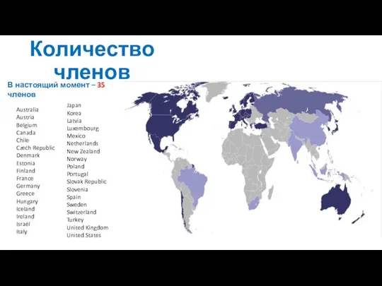 Количество членов В настоящий момент – 35 членов Australia Austria Belgium Canada