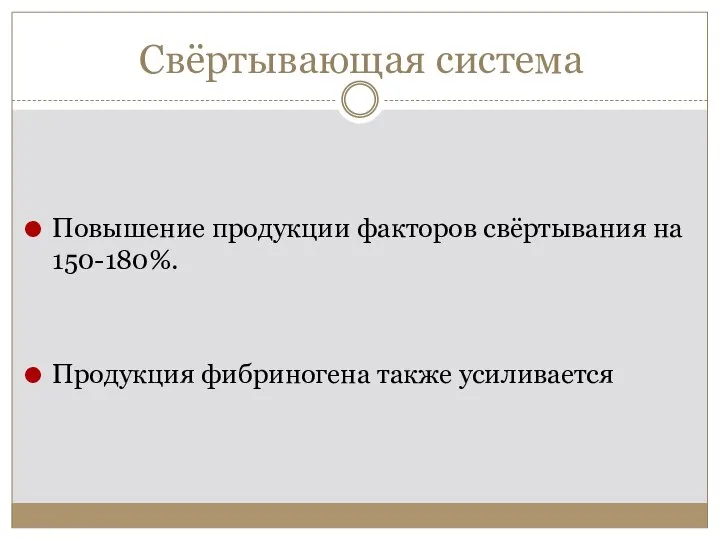 Свёртывающая система Повышение продукции факторов свёртывания на 150-180%. Продукция фибриногена также усиливается