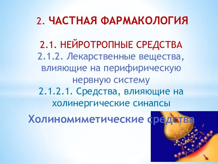 Холиномиметические средства 2. ЧАСТНАЯ ФАРМАКОЛОГИЯ 2.1. НЕЙРОТРОПНЫЕ СРЕДСТВА 2.1.2. Лекарственные вещества, влияющие