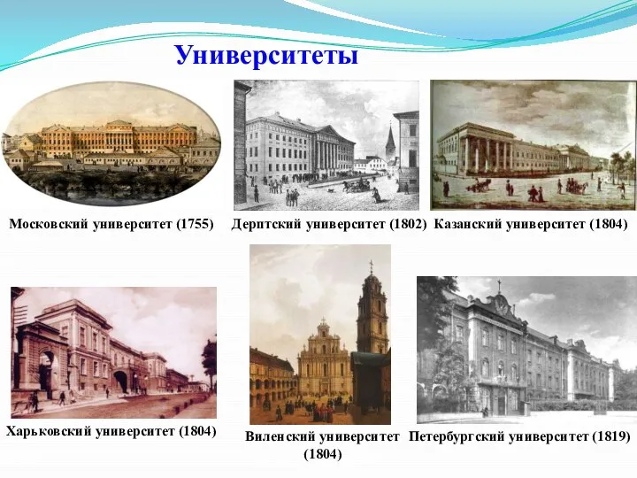 Университеты Казанский университет (1804) Виленский университет (1804) Петербургский университет (1819) Дерптский университет